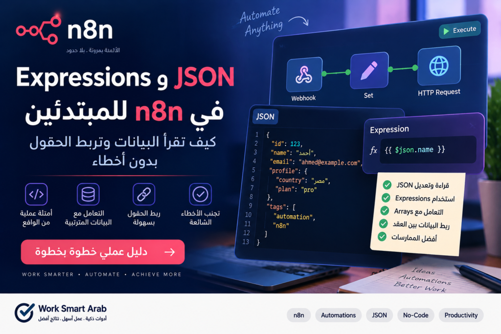Expressions وJSON في n8n للمبتدئين: قراءة البيانات وربط الحقول